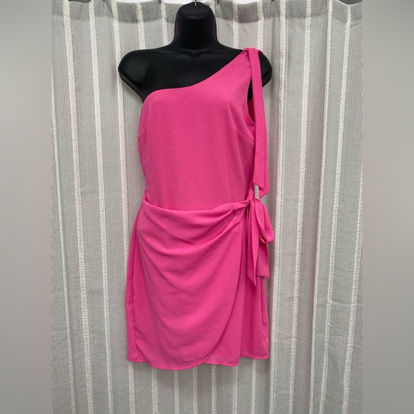 Elegant Pink One-Shoulder Mini‎ Faux Wrap Dress Size S - Picture 1 of 12
